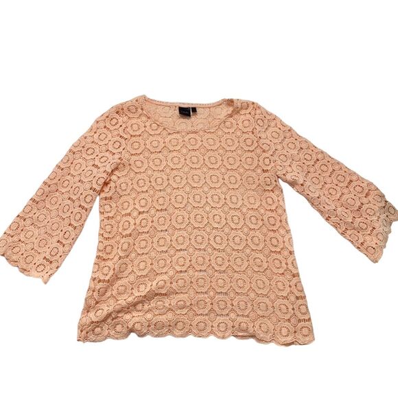 RAFELLA Peach Crochet Wide Sleeve Blouse Size Small Womens Boho Lace Pink Sheer - Picture 4 of 9